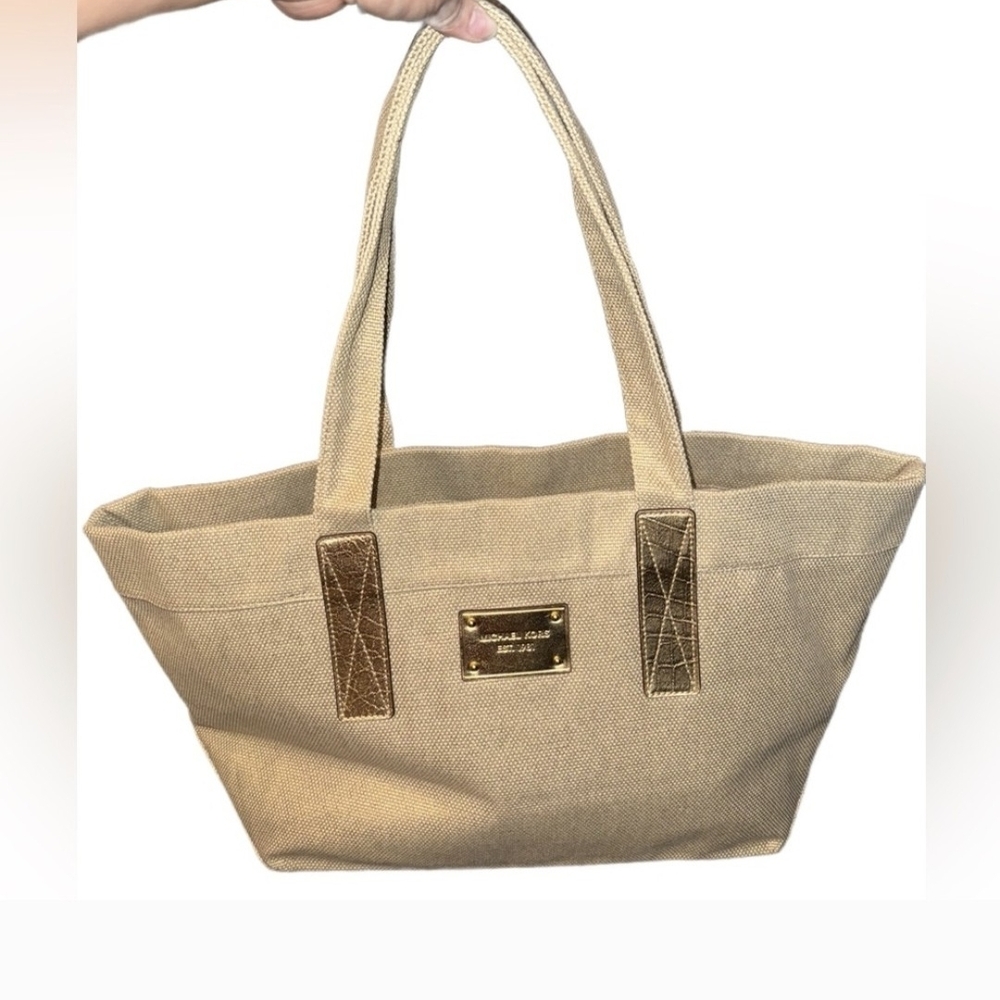 NWOT Michael Kors Weekender Gold Khaki Canvas Tote Bag Beautiful BAG!! NEW
